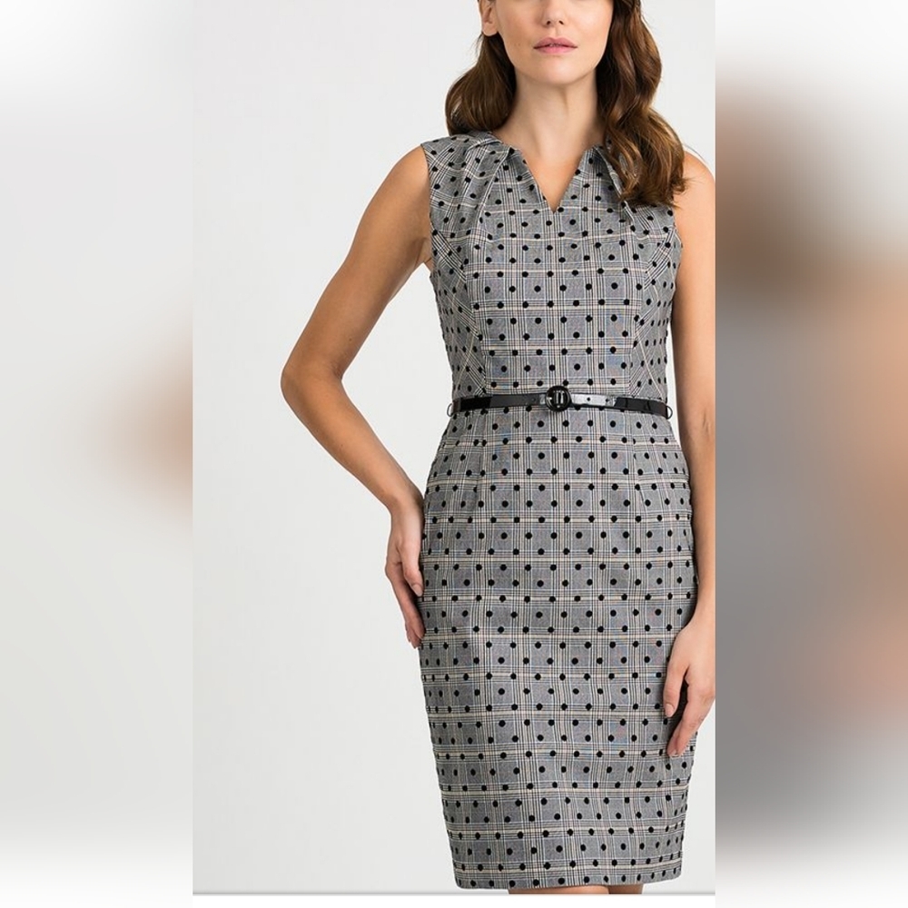 Joseph Ribkoff Plaid Polka Dot sleeveless dress Gray